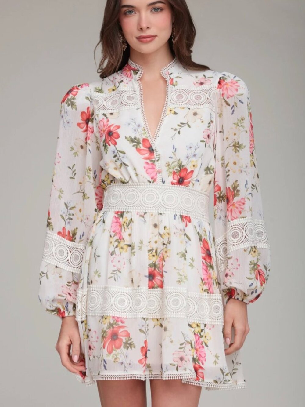 Cottagecore Romantic Floral Chiffon Avec Les Filles Lace Trim Mini Dress Size 8